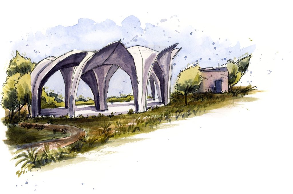 Watercolor of the Confluence Park pavilion on the Mission Reach of the San Antonio River, illustration by Aaron Zavala.